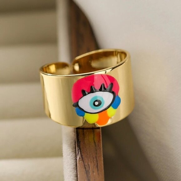 Boho Evil Eye Enamel and Copper Adjustable Ring #1300 YELLOW MULTI - Picture 14 of 14